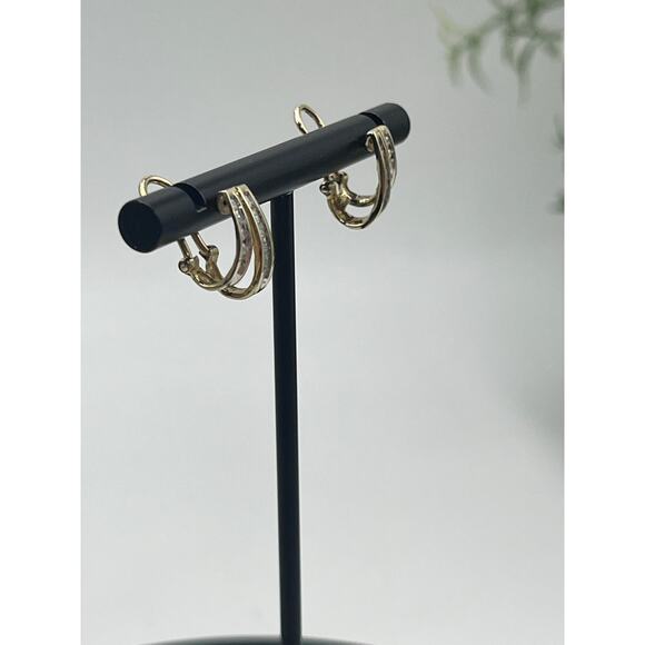 10K Yellow Gold 30 Diamonds Round  Baguette Channel Huggie Hoop Omega Earrings - Picture 4 of 12